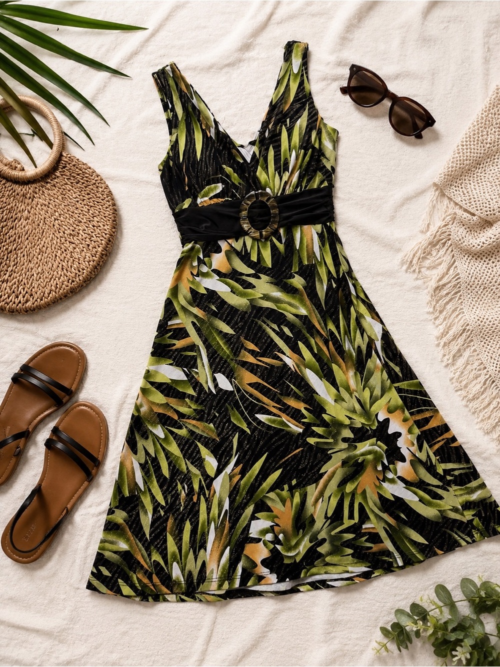 Tropical Leaf Print Sleeveless Dress Vacation Resort Midi Dress Y2K